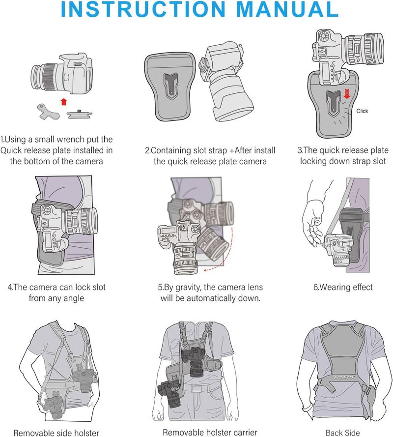 FOMITO Dual Camera Harness, Multi Carrying Radio Chest Vest System with Side Holster for Canon 6D 600D 5D2 5D3 for Nikon D90 for Sony A7S for Panasonic for Olympus DSLR Cameras Climbing Wedding Travel - Image 5